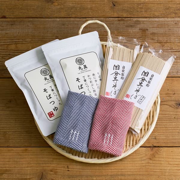 【WEB限定セット】丸眞さんのそばつゆと国分寺そばさんの乾麺二八そばとふきんのセット