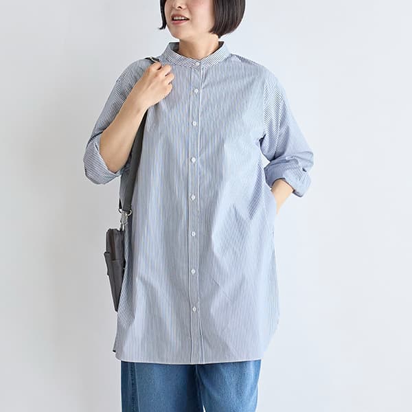 ストライプバンドカラーロングシャツ